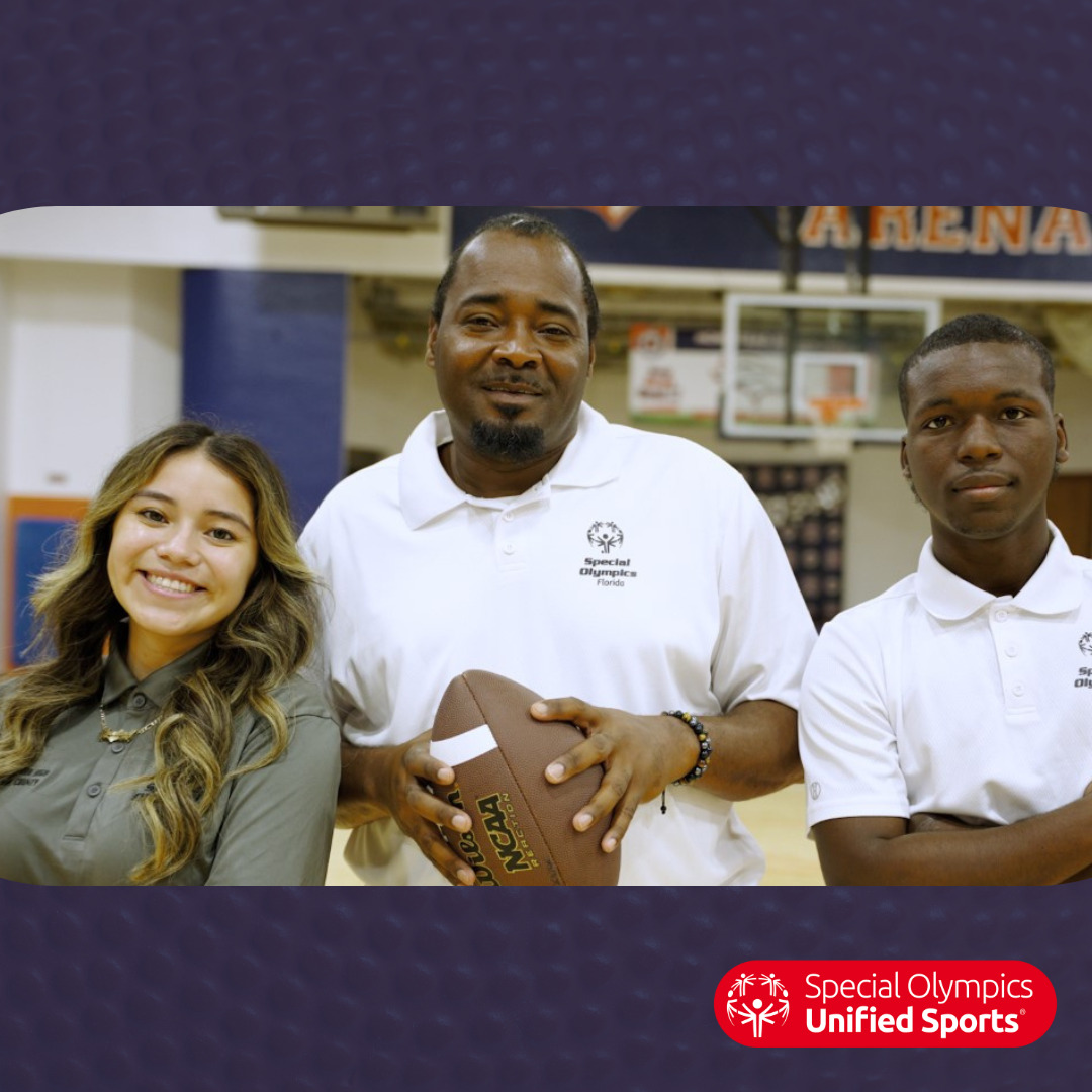 Unified partner Yoseline Mendoza, Coach Frank Marion III, and athlete Kamari Brown from Homestead Senior High School posing for a photo for the USA Today High School Sports Awards.